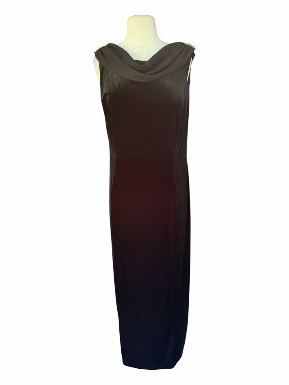 Late 90s/Y2K Ronni Nicole II Black & Rhinestone Cowl Neck Velour Evening Gown